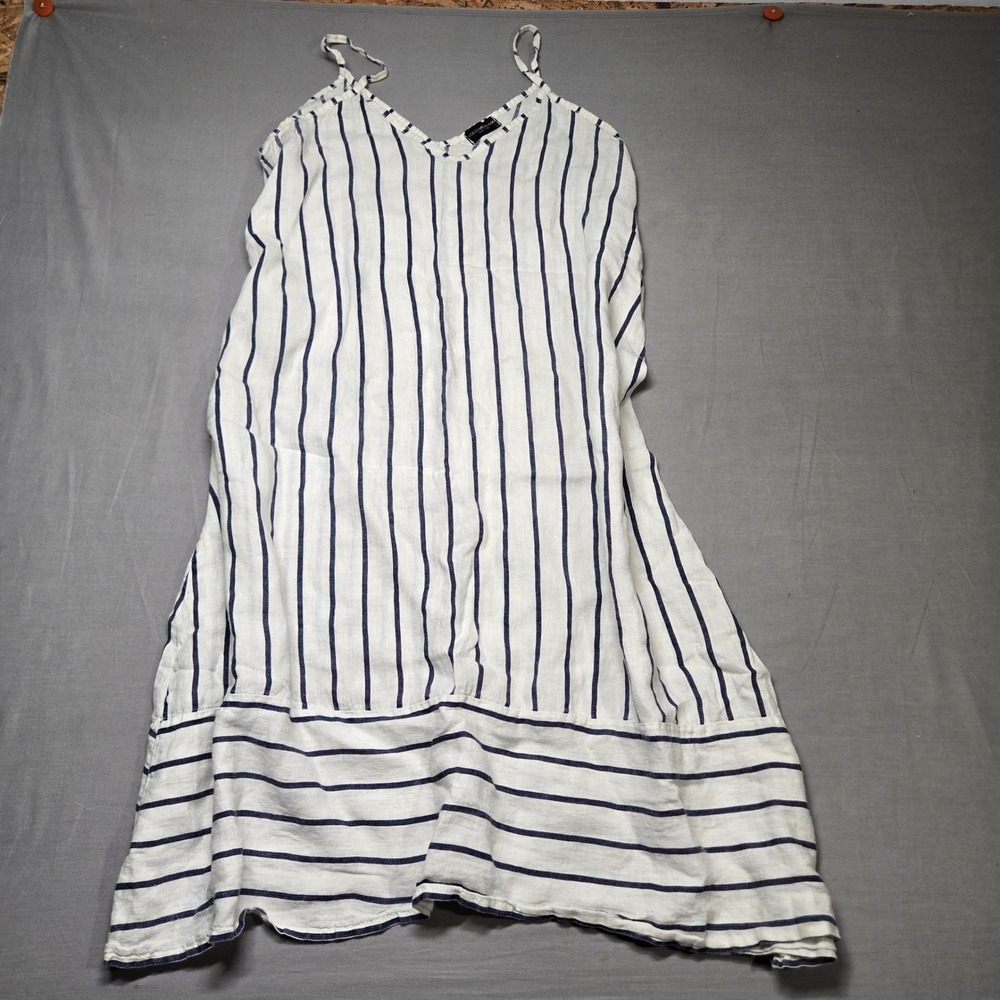 Terzo Millennio Dress 100% Linen Large White Blue Striped Made in Italy